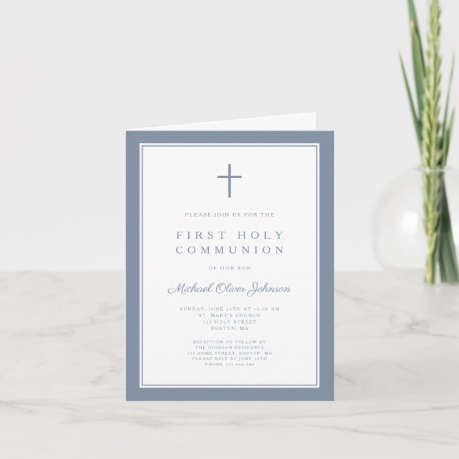 Modern Dusty Blue Cross Boy First Holy Communion Invitation (Front)