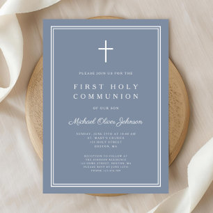 Modern Dusty Blue Cross Boy First Holy Communion Invitation