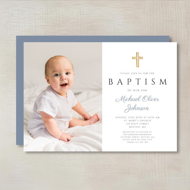 Modern Dusty Blue Cross Boy Photo Baptism Invitation (Modern Dusty Blue Cross Boy Photo Baptism Invitation)