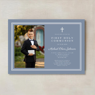 Modern Dusty Blue Cross Photo Boy First Communion Invitation