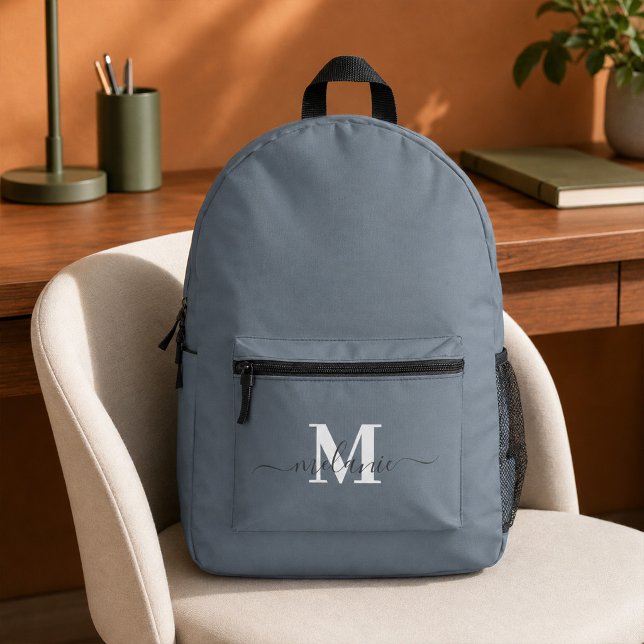 Modern Dusty Blue Custom Monogram Name Backpack (Modern Dusty Blue Custom Monogram Name Printed Backpack)