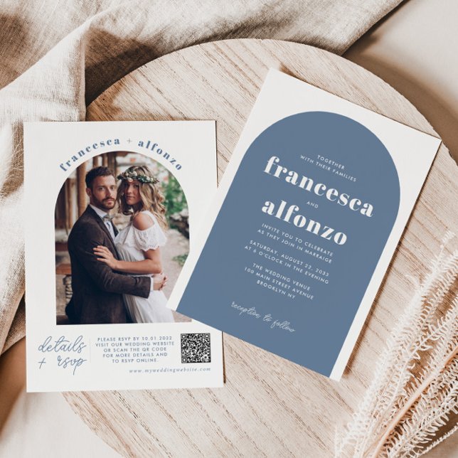 Modern Dusty Blue Details RSVP QR Photo Wedding Invitation (Creator Uploaded)