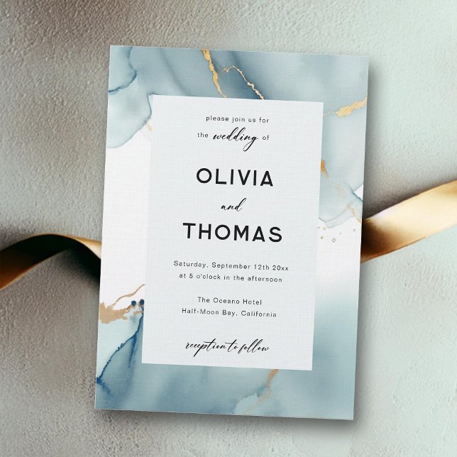 Modern Dusty Blue Elegant Frame Beach Wedding Invitation (dusty blue beach wedding invitation modern simple frame elegant bohemian romantic gold waves classy)