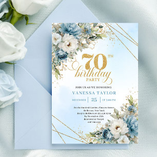 Modern dusty blue eucalyptus gold 70th birthday invitation