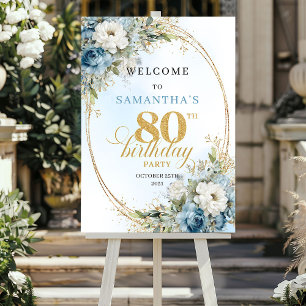 Modern dusty blue eucalyptus gold frame 80th birth poster