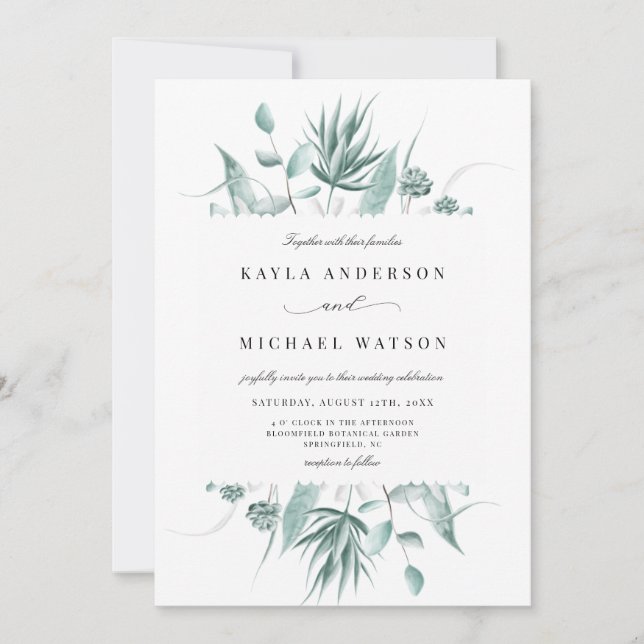 Modern Dusty Blue Eucalyptus Greenery Wedding Invitation (Front)