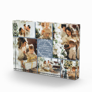 Modern Dusty Blue Family Photo Collage Keepsake Block