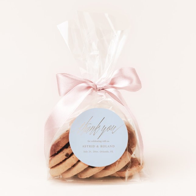 Modern Dusty Blue & Faux Gold Wedding Favour Classic Round Sticker (Creator Uploaded)