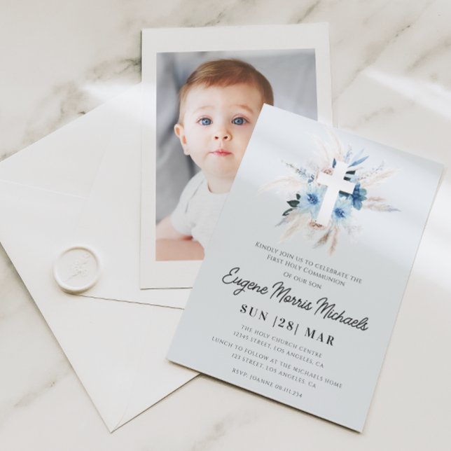 modern dusty blue first communion invitation (Creator Uploaded)