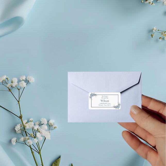 Modern Dusty Blue Floral Black Return Address Label (Creator Uploaded)