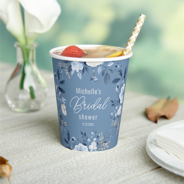 Modern Dusty Blue Floral Boho Bridal Shower Paper Cups (Insitu)