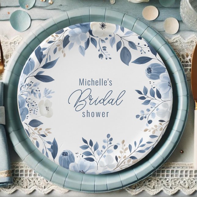 Modern Dusty Blue Floral Boho Bridal Shower Paper Plate (Dusty blue floral bridal shower paper plate)