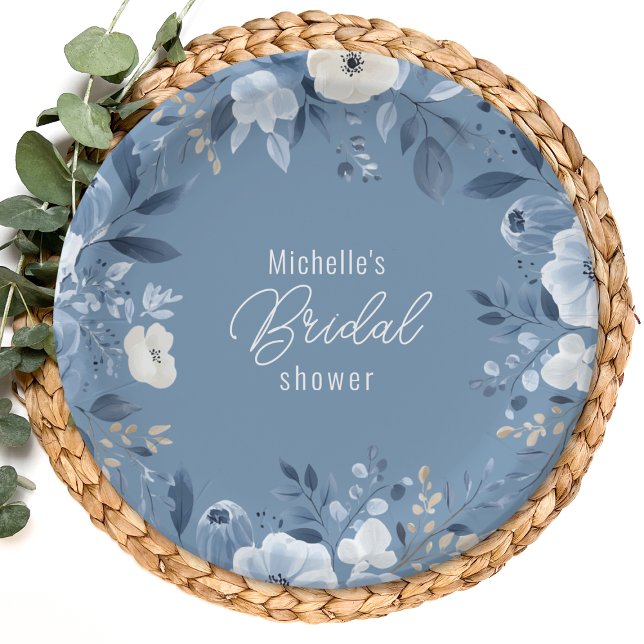 Modern Dusty Blue Floral Boho Bridal Shower Paper Plate (A stylish paper plate with dusty blue floral designs, placed on a woven charger with greenery accent)