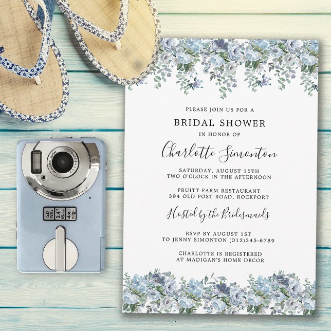 Modern Dusty Blue Floral Botanical Bridal Shower Invitation (Add Summer Chic Style to your Bridal Shower with this Dusty Blue Invitation!)