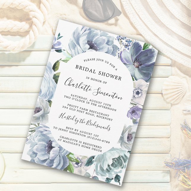 Modern Dusty Blue Floral Botanical Bridal Shower Invitation (Dusty Blue Floral Bridal Shower Invitation. Summer Style at its Chic Best!)