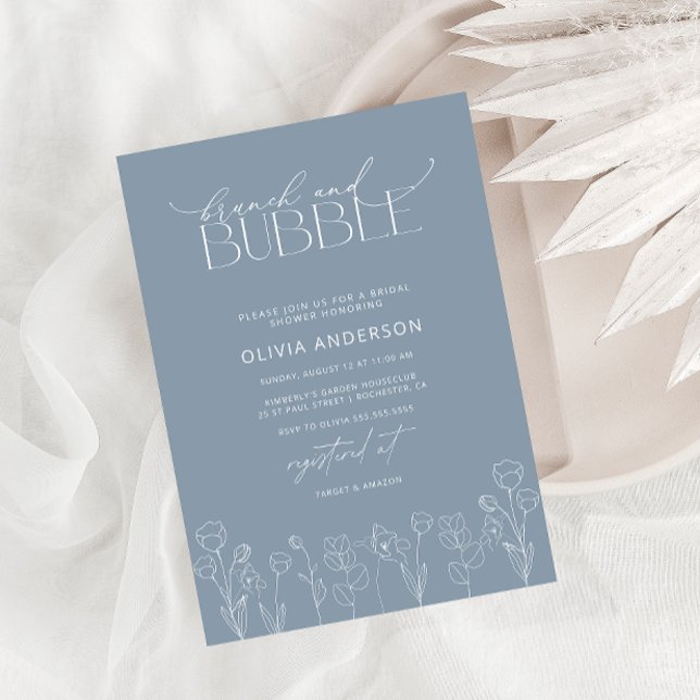 Modern Dusty Blue Floral Brunch & Bubbly Shower Invitation (Creator Uploaded)