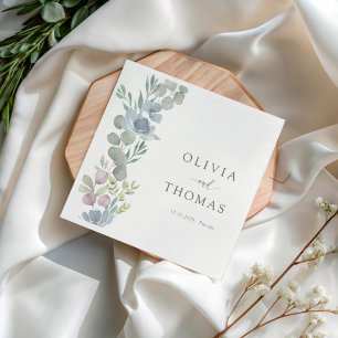 Modern Dusty Blue Floral Floral Wedding Napkin