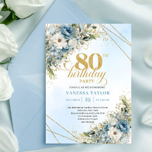 Modern Dusty Blue Floral Gold 80th Birthday Deluxe Invitation