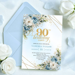 Modern Dusty Blue Floral Gold 90th Birthday Card