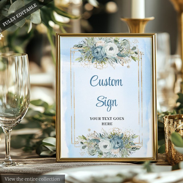 Modern Dusty Blue Floral Gold Glitter Wedding Sign (Modern Dusty Blue Floral Gold Glitter Wedding Sign)