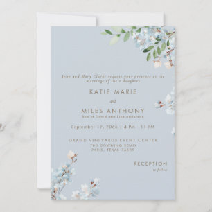 Modern Dusty Blue Floral Greenery Wedding  Invitation