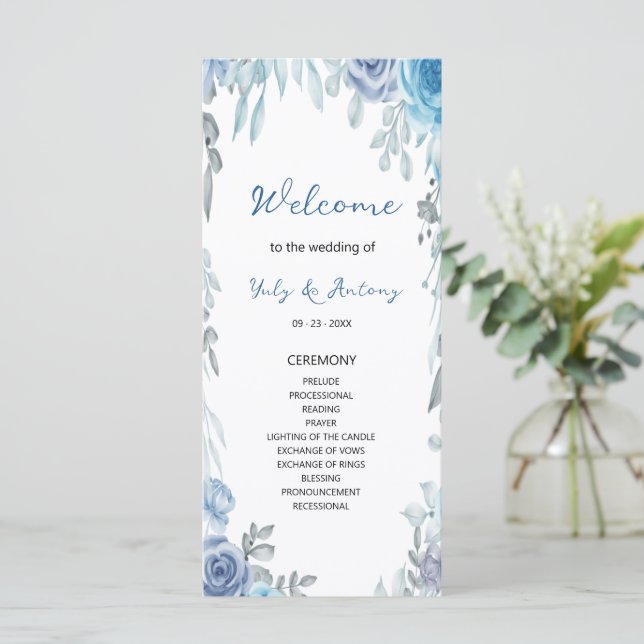 Modern Dusty Blue Floral Order of Service (Standing Front)