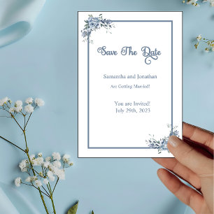 Modern Dusty Blue Floral Save the Date Card