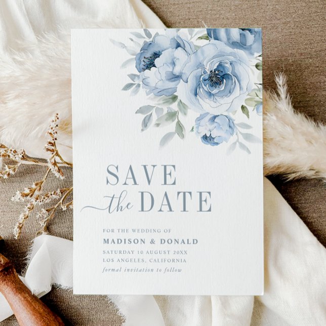 modern dusty blue floral save the date card (Creator Uploaded)