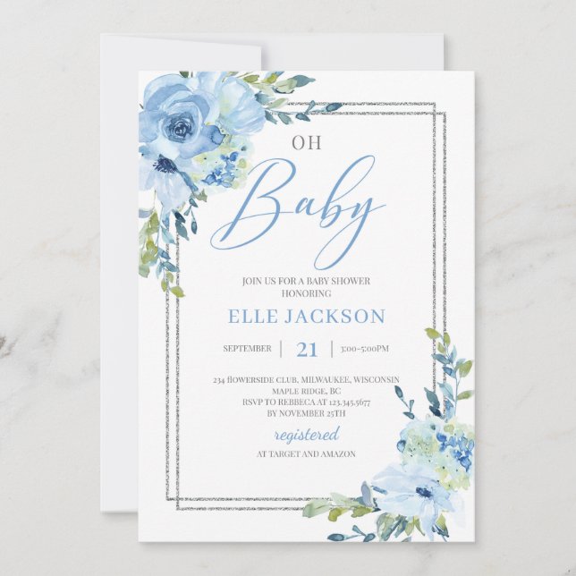 Modern dusty blue floral silver frame oh baby invitation (Front)