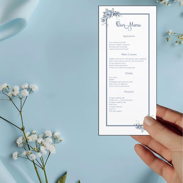 Modern Dusty Blue Floral Wedding Dinner Menu (Creator Uploaded)