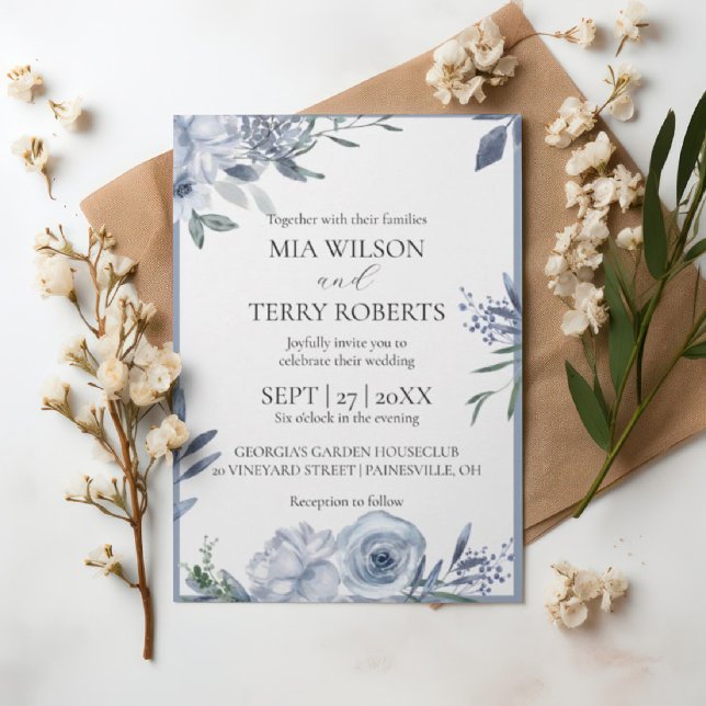 Modern Dusty Blue Floral Wedding Invitation (Creator Uploaded)