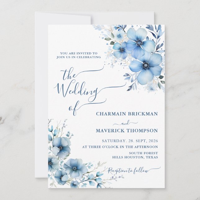 Modern Dusty Blue floral Wedding Invitation (Front)