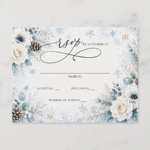 Modern Dusty Blue Floral Winter Wedding RSVP Postcard