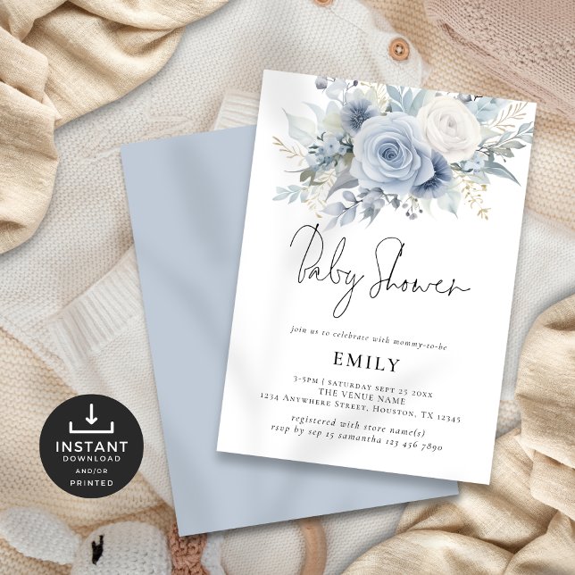 Modern Dusty Blue Florals Baby Shower Invitation (Front and back view)