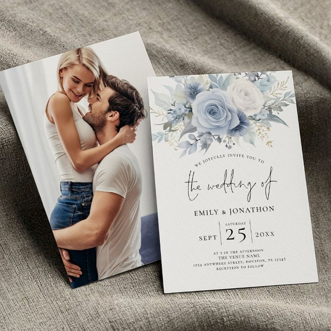 Modern Dusty Blue Florals Photo Wedding Invitation (front and back view)