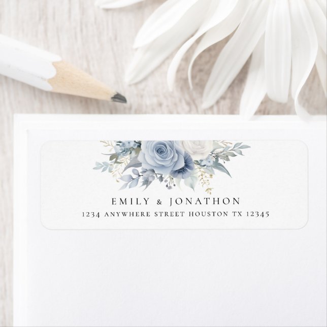 Modern Dusty Blue Florals Return Name Address (Insitu)