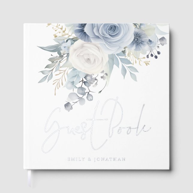 Modern Dusty Blue Florals Wedding Guest Book (Front)