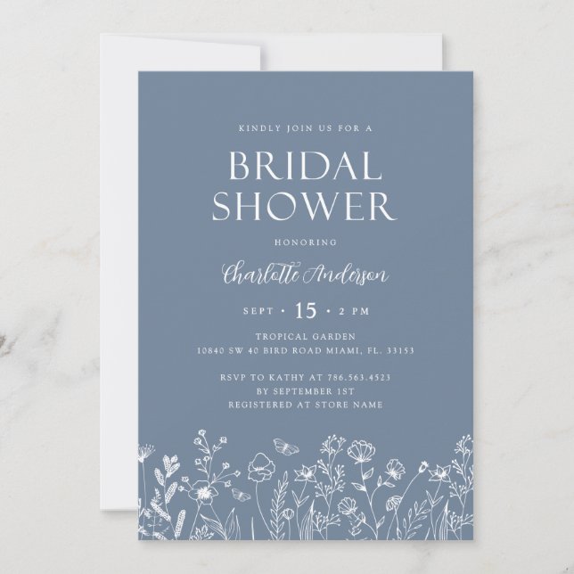 Modern Dusty Blue Flowers Bridal Shower  Invitation (Front)