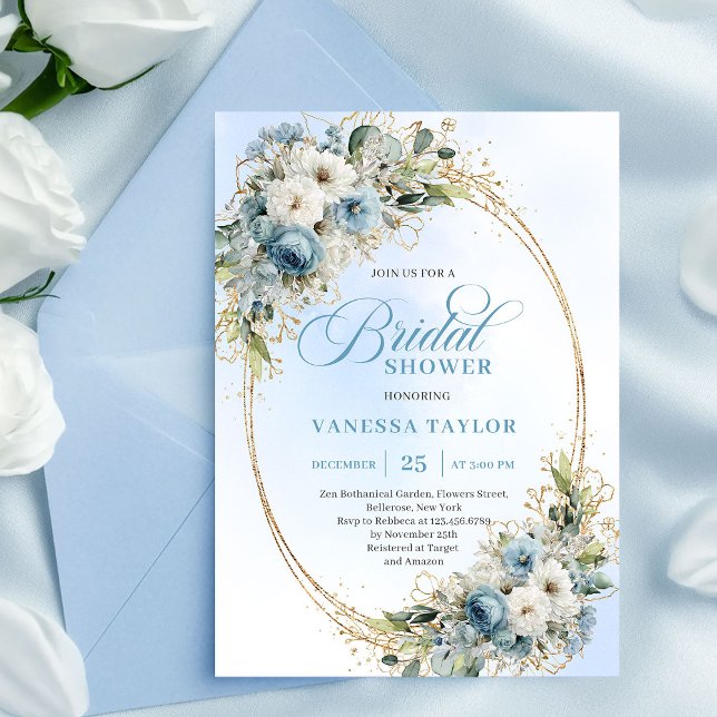Modern Dusty Blue Flowers Gold Frame Bridal Shower Invitation (Modern Dusty Blue Flowers Gold Frame Bridal Shower Invite)