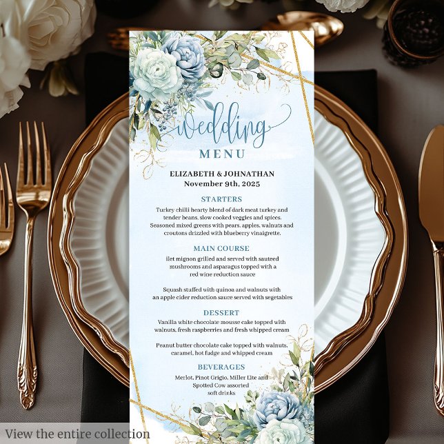 Modern Dusty Blue Flowers White Gold Wedding Menu (Modern Dusty Blue Flowers White Gold Wedding Menu

)