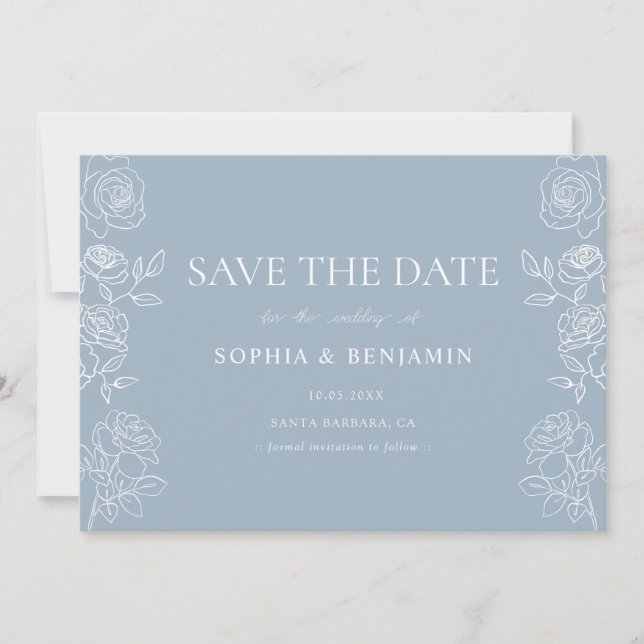 Modern Dusty Blue French Roses Wedding Save The Date (Front)