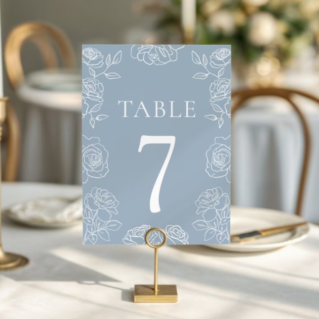Modern Dusty Blue French Roses Wedding Table Number (Creator Uploaded)