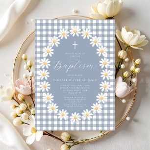 Modern Dusty Blue Gingham Floral Baby Boy Baptism Invitation