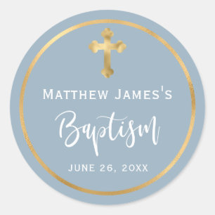 Modern Dusty Blue Gold Cross Boy Baptism Classic Round Sticker