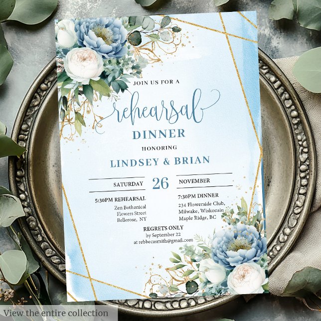 Modern Dusty Blue Gold Frame Rehearsal Invitation (Modern Dusty Blue Gold Frame Rehearsal Invitation)