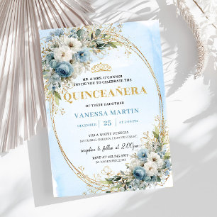 Modern Dusty Blue Gold Greenery Quinceañera Invite