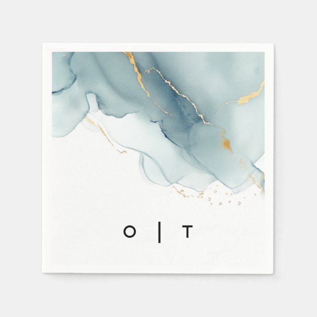 Modern Dusty Blue Gold Monograms Beach Wedding Napkin (Front)