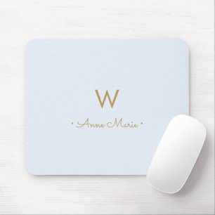 Modern Dusty Blue Gold Script Monogram Mouse Pad