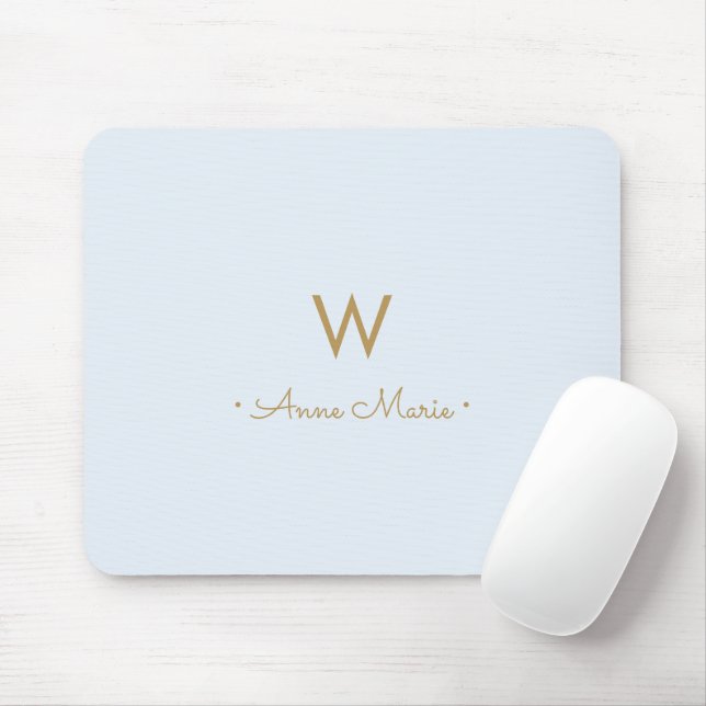 Modern Dusty Blue Gold Script Monogram Mouse Pad (With Mouse)