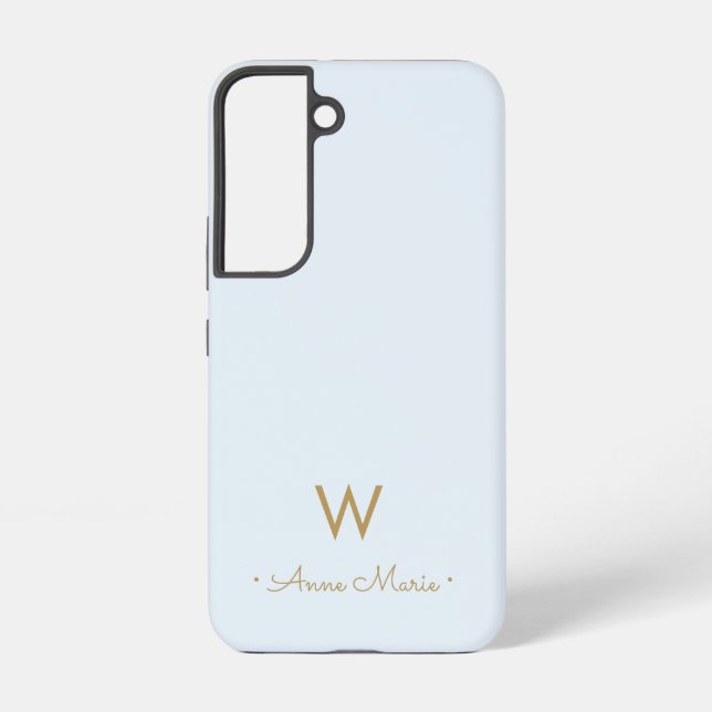 Modern Dusty Blue Gold Script Monogram Samsung Galaxy S22 Case (Back)